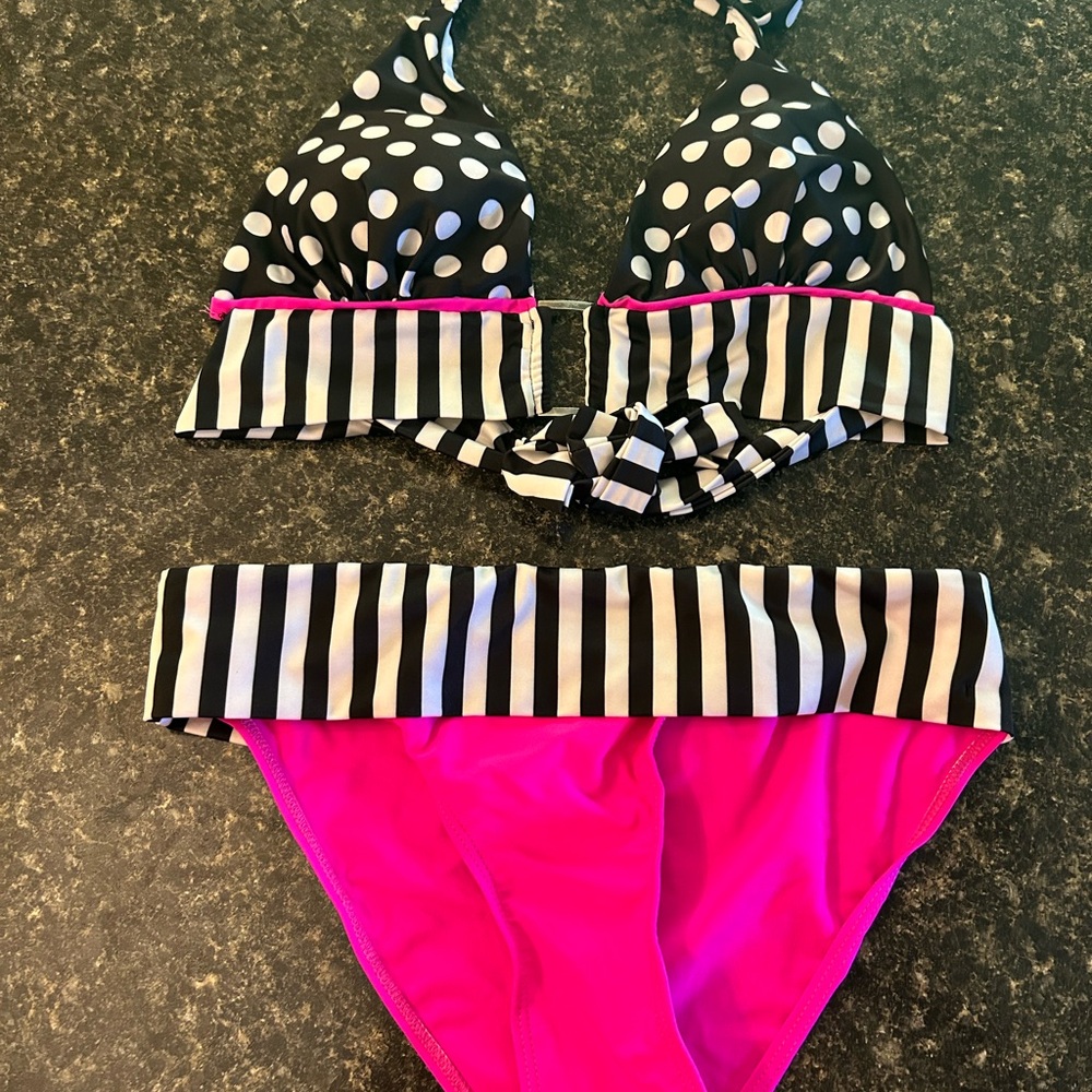 Black and White Polka Dot and Striped Bikini